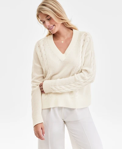 Charter Club Women's 100% Cashmere Placed Cable-Knit V-Neck Sweater, Macy's Exclusive