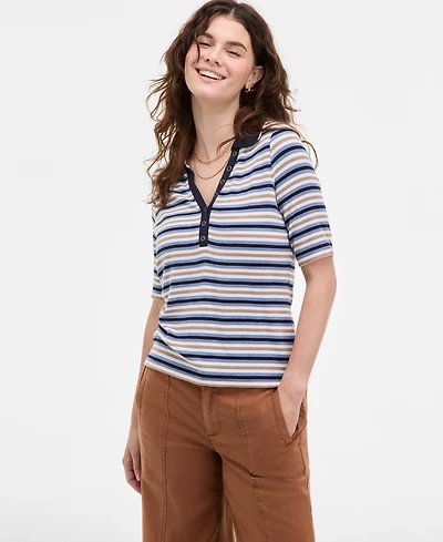 Liverpool Los Angeles Women's Striped Ribbed-Knit Collared Henley Top