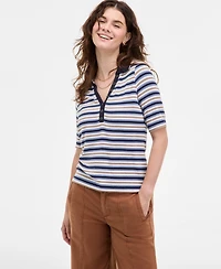 Liverpool Los Angeles Women's Striped Ribbed-Knit Collared Henley Top