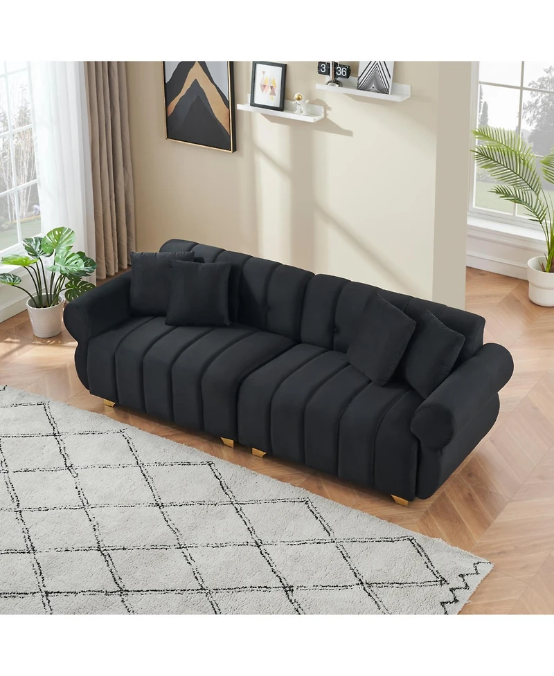 89-inch spring-wrapped cushions, 3 flannelette sofas, stylish metal feet and 4 throw pillows make for a modern living room bedroom
