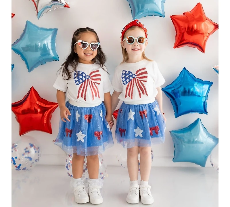 Sweet Wink Baby Girls Patriotic Sequin Bow Patch Short Sleeve T-Shirt