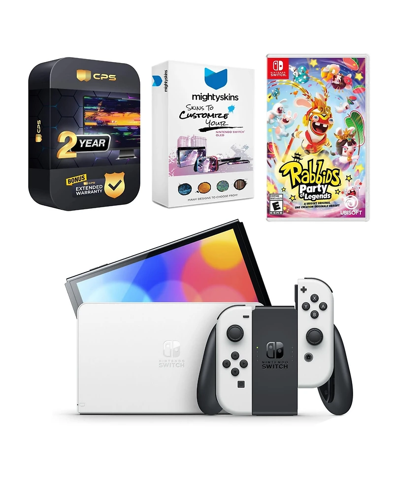 Nintendo Switch White Oled Console with Rabbids: Party of Legends, MightySkins Console and Controller Skin Voucher, and 2 Year Cps Extended Warranty