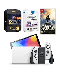 Nintendo Switch White Oled Console with The Legend of Zelda Breath of the Wild, MightySkins Console and Controller Skin Voucher, and 2 Year Cps Extend
