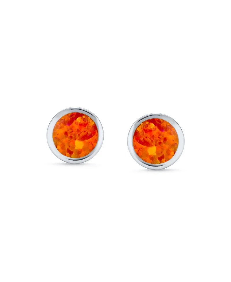 Bling Jewelry Classic Iridescence Bezel Setting Flat Round Circle Created Orange Fire Opal Stud Earrings Gold Plated .925 Sterling Silver Small 5MM
