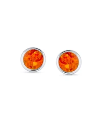 Bling Jewelry Classic Iridescence Bezel Setting Flat Round Circle Created Orange Fire Opal Stud Earrings Gold Plated .925 Sterling Silver Small 5MM