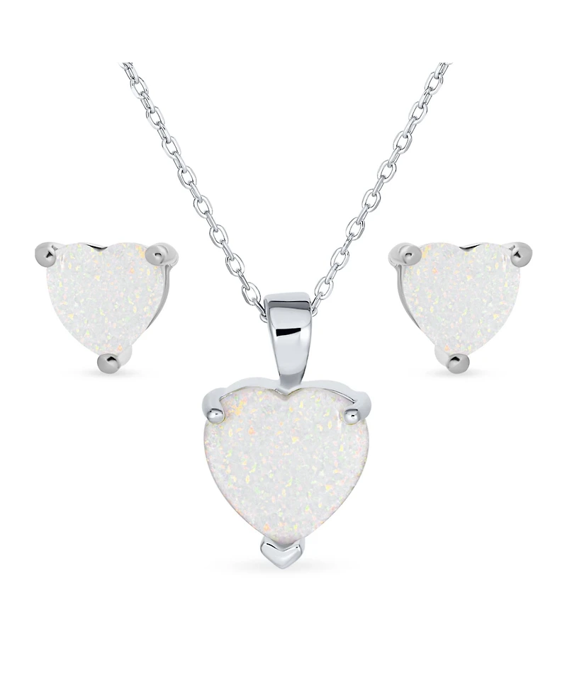 Bling Jewelry Romantic Opal Heart Pendant Necklace and Stud Earrings Sterling Silver