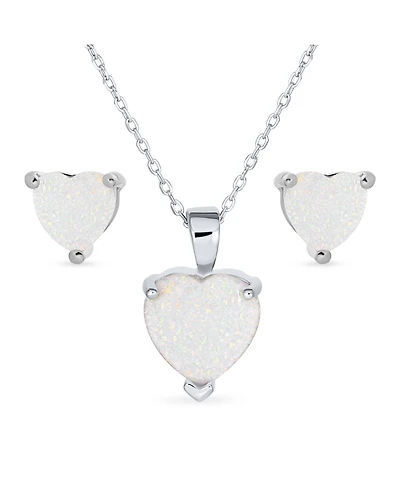 Bling Jewelry Romantic Opal Heart Pendant Necklace and Stud Earrings Sterling Silver