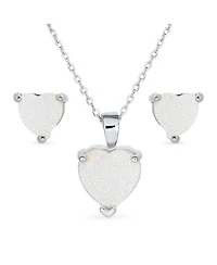 Bling Jewelry Romantic Opal Heart Pendant Necklace and Stud Earrings Sterling Silver