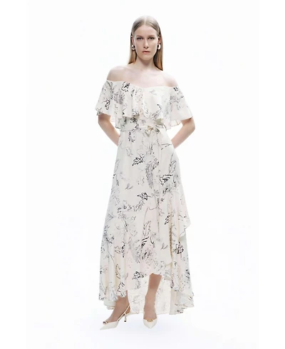 Nocturne Women's Patterned Midi Dress with Sash Tie