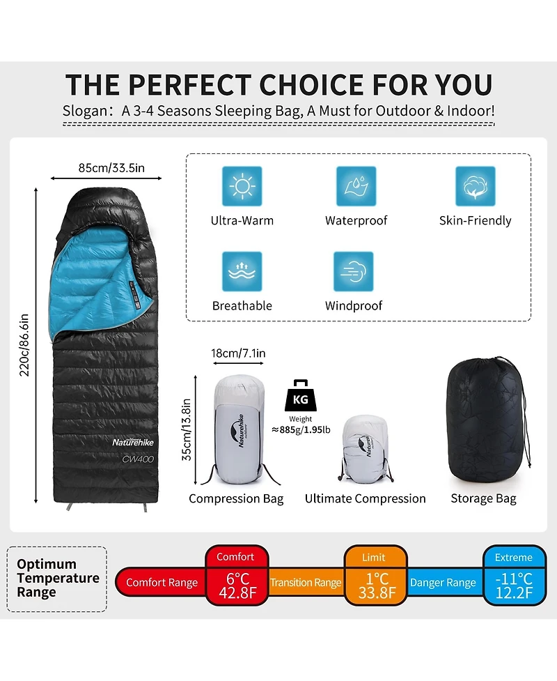 Naturehike Ultralight Down Sleeping Bag, 650FP, 3-4 Season, Adults, 32-42, Waterproof, Compact, Camping, Hiking