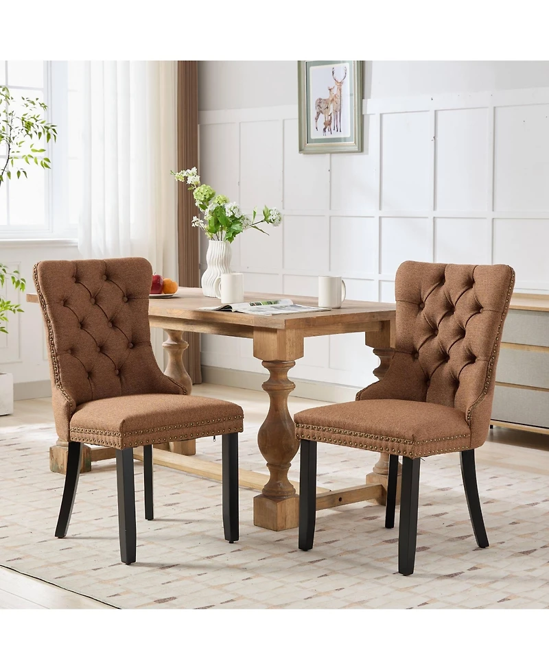 Streamdale Nikki Tufted Upholstered Linen Dining Chair with Nailhead Trim, 2-Piece Set in Coffee