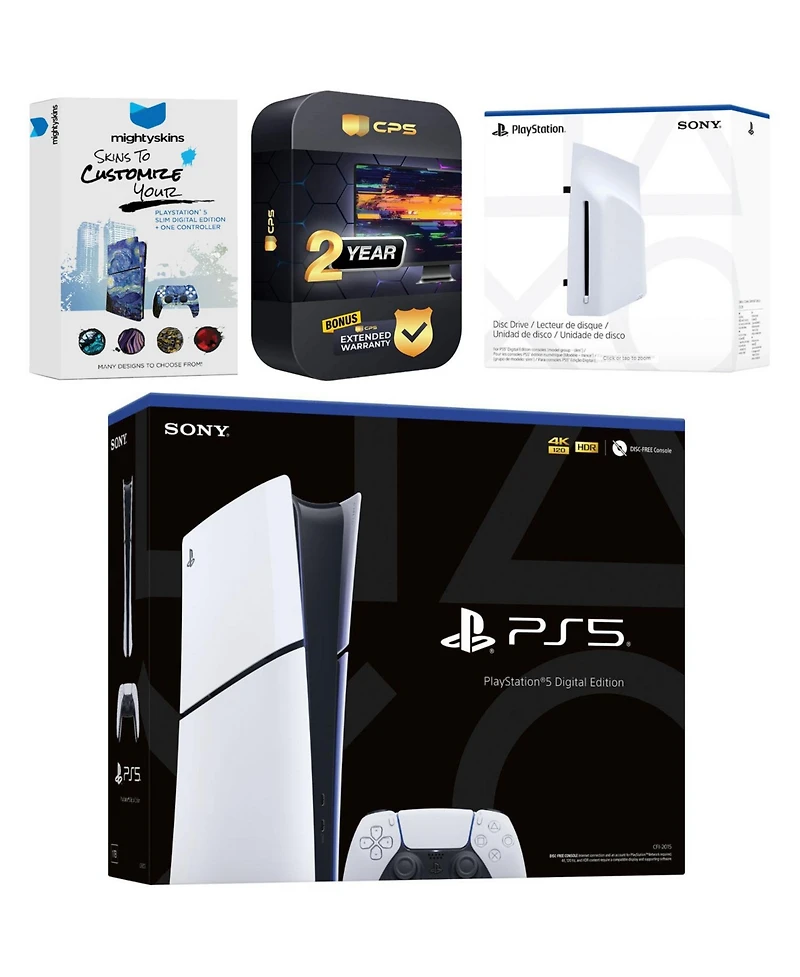 Sony PlayStation 5 Slim Digital Bundle with Disc Drive, MightySkins Code and 2 Year Extended Warranty