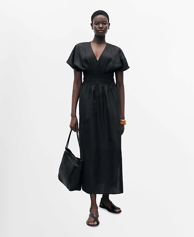 Mango Women's Gathered Panel Long Linen Dress