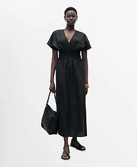 Mango Women's Gathered Panel Long Linen Dress