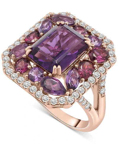 Amethyst (4-1/6 ct. t.w.), Rose de France Amethyst (7/8 ct. t.w.) & Diamond (1/2 ct. t.w.) Halo Ring in 14k Rose Gold