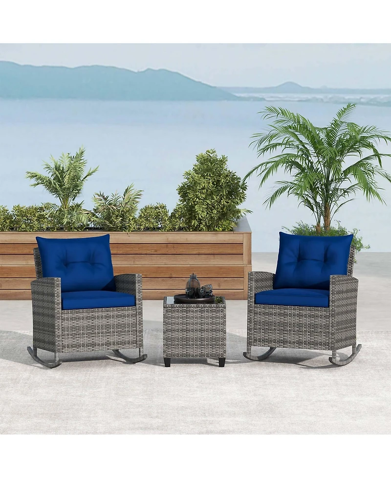 3 Pcs Patio Wicker Rocking Set with Tempered Glass Table & Soft Cushions Outdoor