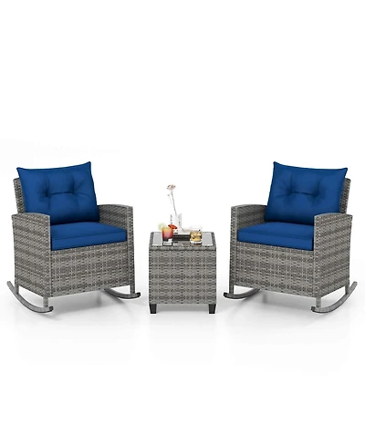 3 Pcs Patio Wicker Rocking Set with Tempered Glass Table & Soft Cushions Outdoor