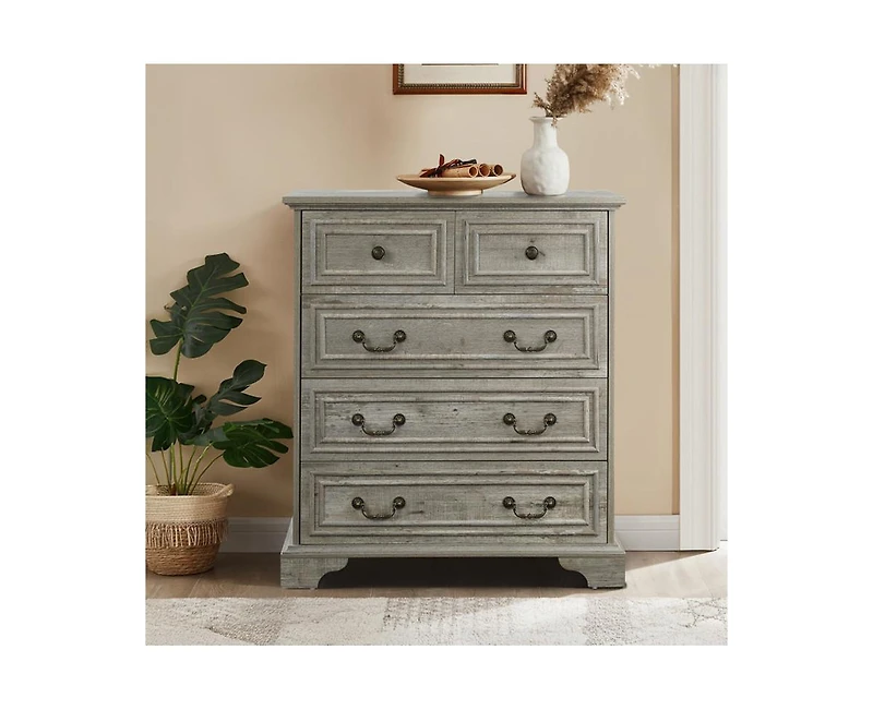 Modern White 5 Drawer Dresser Bathrooom Cabinet Ample Storage Wide Chest of Drawers