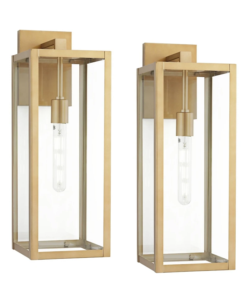 John Timberland Titan Modern Outdoor Wall Light Fixtures Set of 2 Soft Gold Rectangular Frame 20 1/4" Clear Glass for Post Exterior Barn
