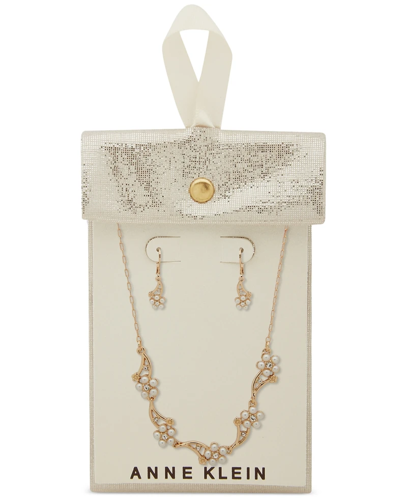 Anne Klein Gold-Tone Pave & Imitation Pearl Flower Statement Necklace & Drop Earrings Set