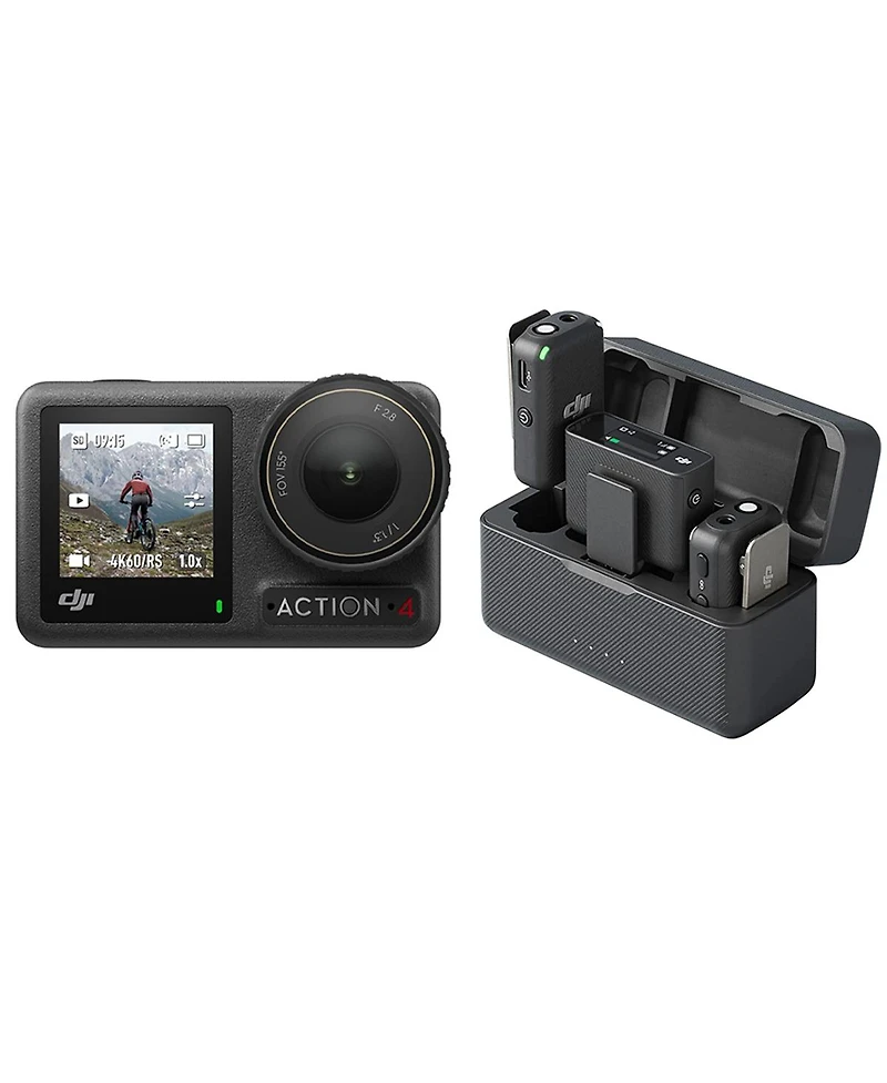 Dji Osmo Action 4 4K 120fps Hdr IP68 Waterproof Action Camera Standard Combo Bundle with Mic 2-Person 2.4 GHz Compact Digital Wireless Microphone Syst