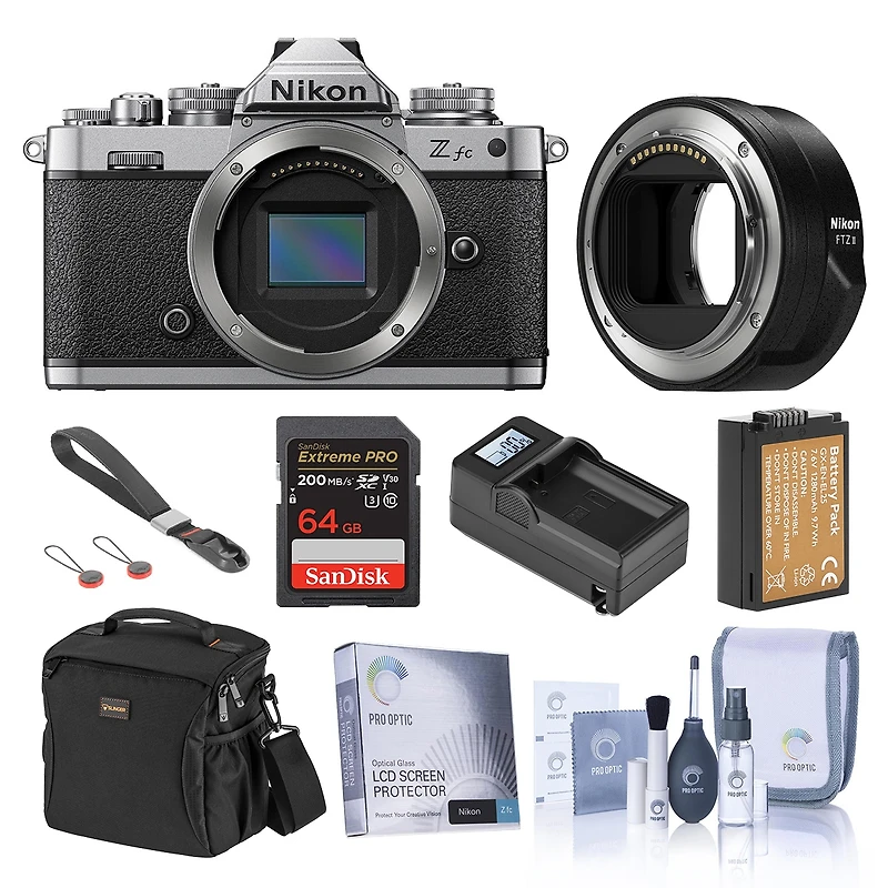Nikon Z fc Dx-Format Mirrorless Camera, Silver, Bundle with Ftz Ii Mount Adapter, 64GB Memory Card, Bag, Extra Battery, Charger Kit