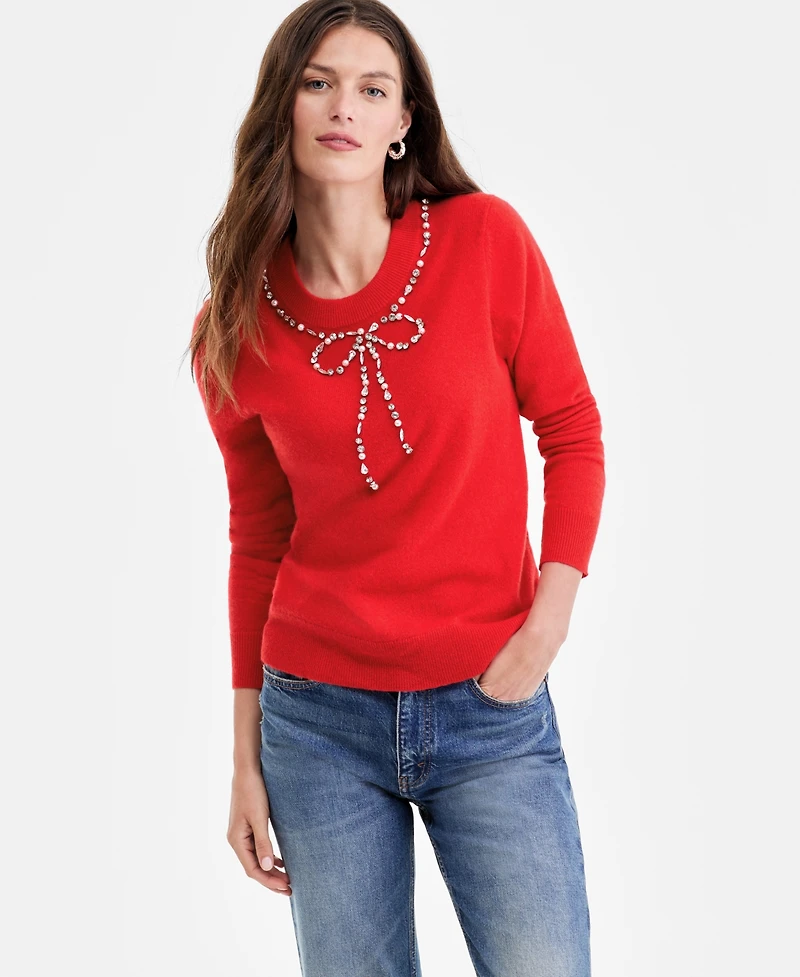 Charter Club Women's 100% Cashmere Embellished Bow Sweater, Macy's Exclusive