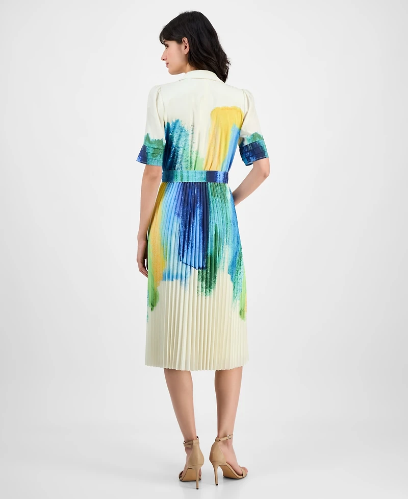 T Tahari Women's Pleated-Skirt Brushstroke-Print Belted Dress