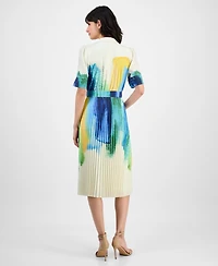 T Tahari Women's Pleated-Skirt Brushstroke-Print Belted Dress