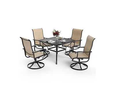 Outdoor 5-Piece Metal Patio Dining Set with and 4 Textilene Swivel Chairs Square Table Beige