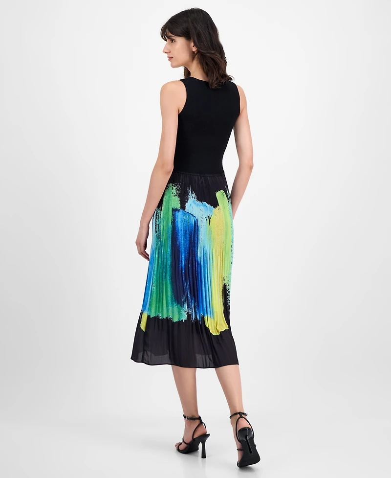 T Tahari Women's Pleated Brushstroke-Print Dress