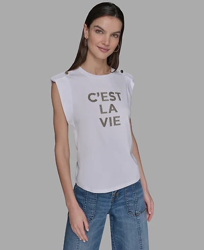 Karl Lagerfeld Paris Petite C'est La Vie Studded Top
