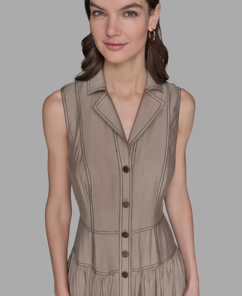 Karl Lagerfeld Paris Petite Notched Collar Sleeveless Midi Shirtdress