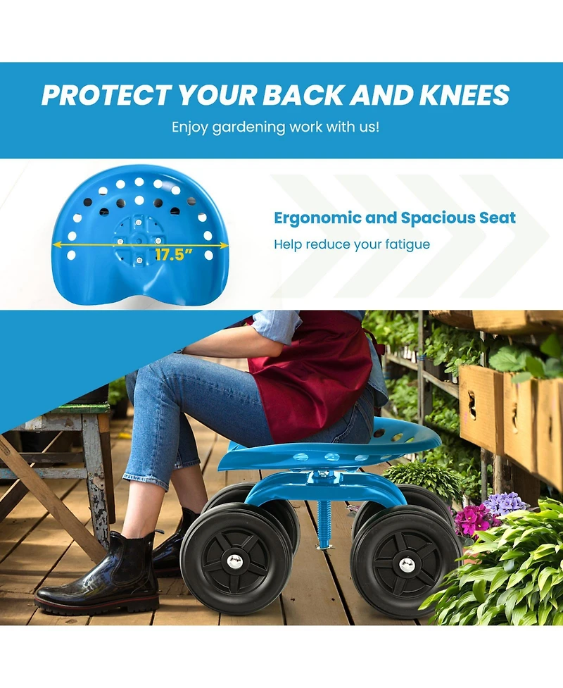 Garden Rolling Workseat with 360° Swivel Seat and Adjustable Height