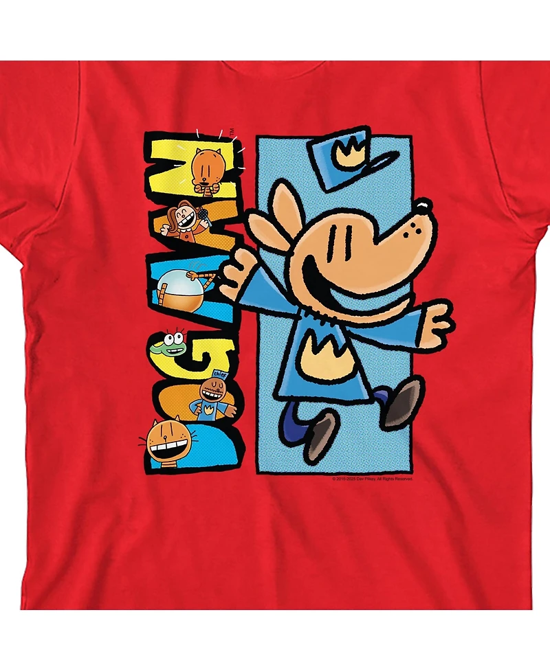 Dog Man Boys Characters Inside Logo Youth Red Crew Neck Short Sleeve T-shirt -Xl