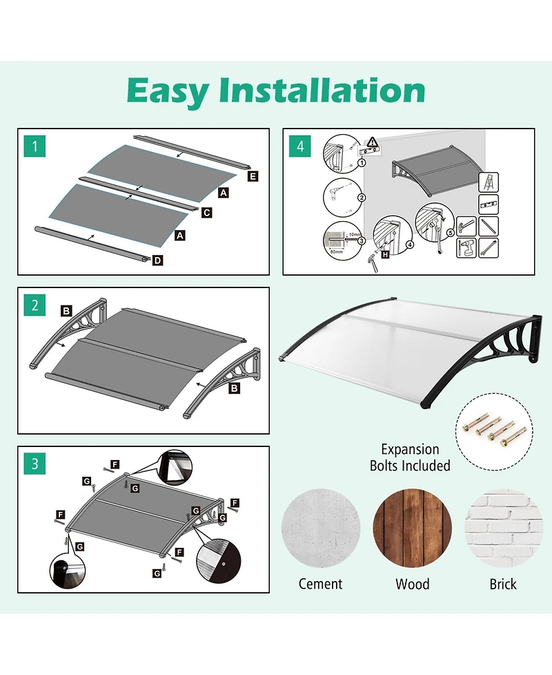 48 x 40 Inch Outdoor Front Door Window Awning Door Canopy Exterior-Black