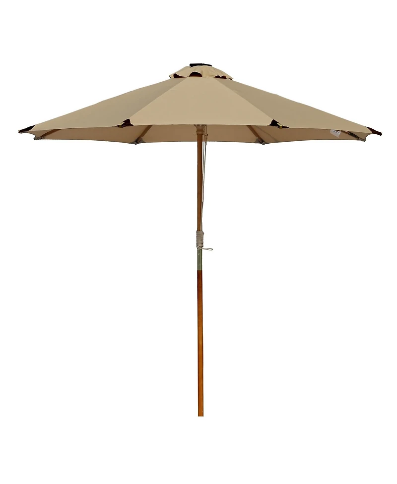 LAGarden Boho 32 Led 9Ft Wood Market Patio Umbrella with Solar Lights for Bar Hotel Resort Alfresco Dining Rooftop Restauran Mocha