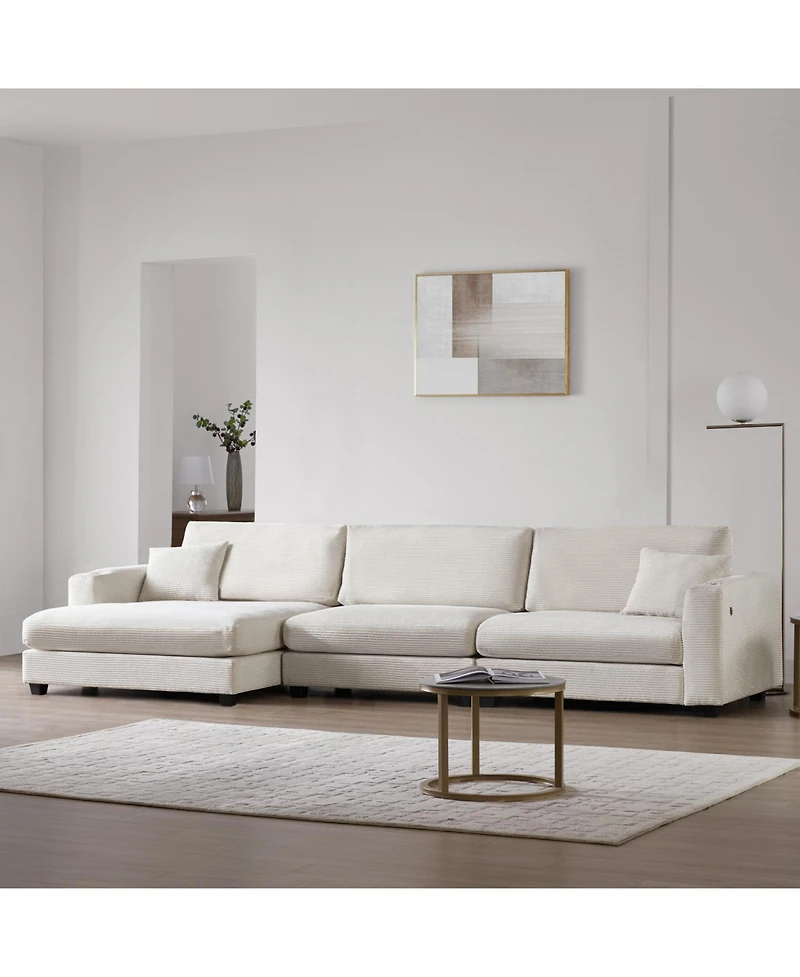 Streamdale Oversized Corduroy Sectional Sofa with Usb Charging & Cup Holders
