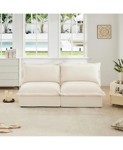 Slipcovered 2-Seater Armless Sofa with Pillows, Chenille Fabric, Cream