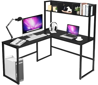 Industrial L-Shaped Desk Bookshelf 55 Inch Corner Computer Gaming Table