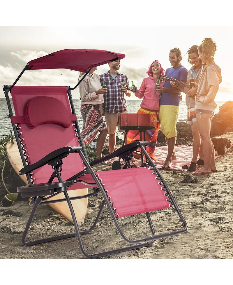 Gymax Folding Recliner Zero Gravity Lounge Chair W/ Shade Canopy Cup Holder