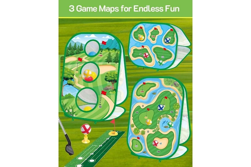 Titqwop 4-in-1 Sticky Golf Games Set for Kids & Adults – Golf Putting Mat, Chipping Net, Cornhole Board & Retractable Club | Indoor/Outdoor Pra