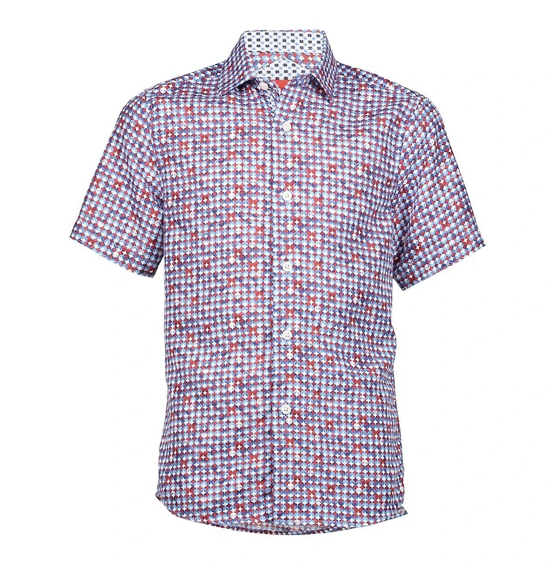 Elie Balleh Big Boys Blue Short Sleeve Circle Diamond Multicolor Slim Fit Shirt