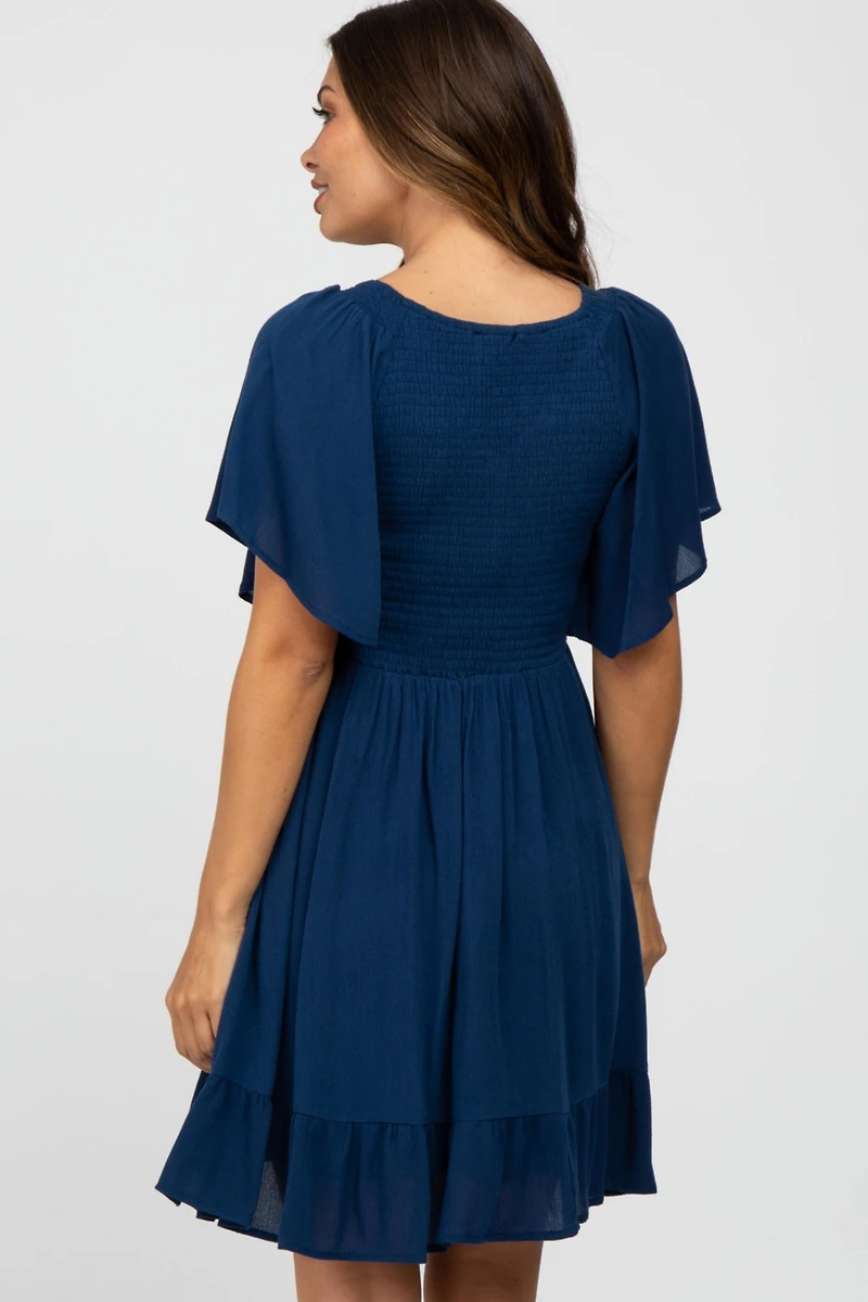 Pinkblush Maternity Navy Blue Smocked Front Ruffle Hem Dress