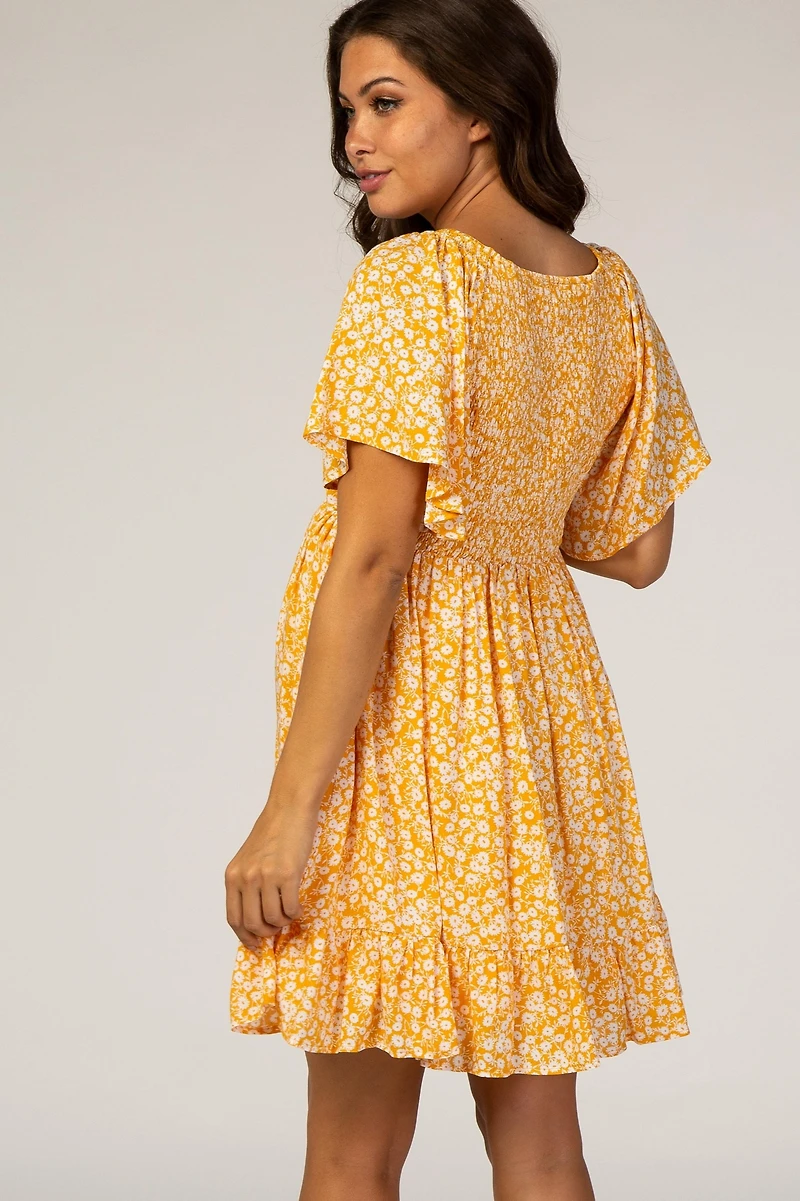Pinkblush Maternity Yellow Floral Smocked Ruffle Dress
