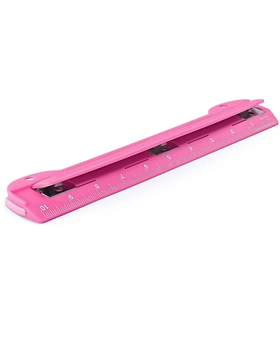 3 Hole Punch Pink, Portable Puncher for Ring Binder, Sheets Capacity, Removable Chip Tray, 10” Ruler School, Office, 1 Pc-by Enday