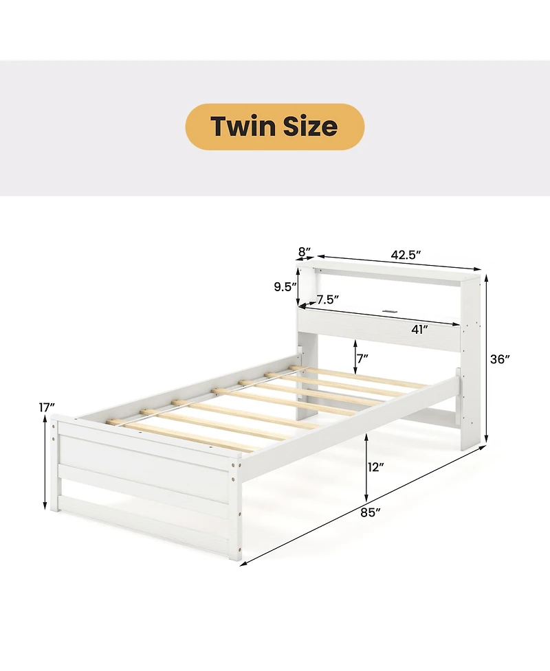Gymax Twin Wooden Bed Frame w/ Charging Station & Led Light Storage Headboard