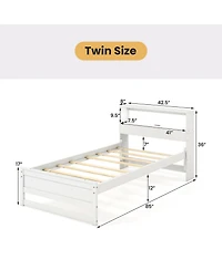 Gymax Twin Wooden Bed Frame w/ Charging Station & Led Light Storage Headboard