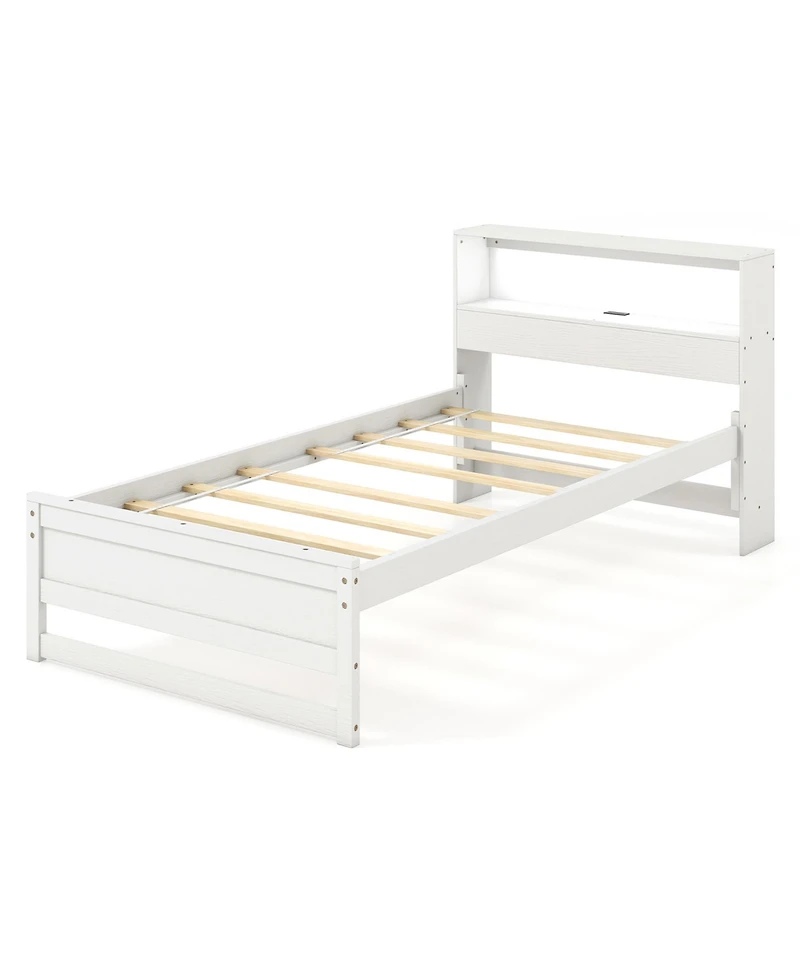 Gymax Twin Wooden Bed Frame w/ Charging Station & Led Light Storage Headboard