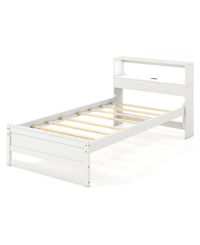 Gymax Twin Wooden Bed Frame w/ Charging Station & Led Light Storage Headboard